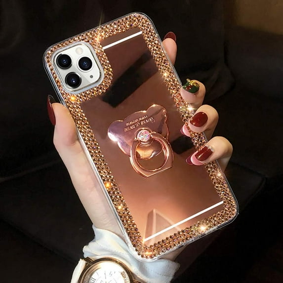 for iPhone 11 Pro Max Case Makeup Mirror Glitter Bling Rhinestone Diamond Crystal Cute Cover with Ring Holder Finger Grip Stand Kickstand Cute for Girls Women Case for iPhone 11 Pro Max Rose Gold