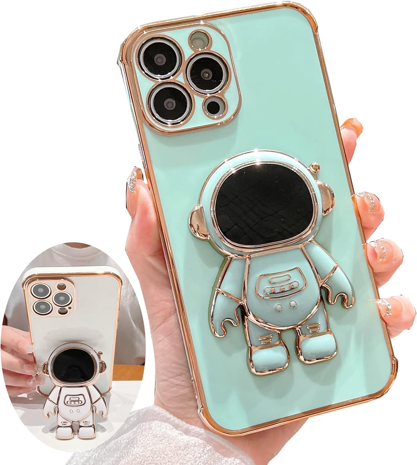 for iPhone 11 Pro Max Case ,Pasteable Hidden Astronaut Kickstand Stand ,Upgrade Gold Trim