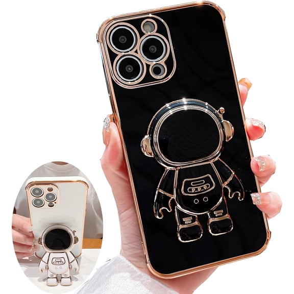 for iPhone 11 Pro Max Case ,Pasteable Hidden Astronaut Kickstand Stand ,Upgrade Gold Trim Shockproof Corners Bracket Cover Cute for Women Men for iPhone 11 Pro Max Case (for iPhone11ProMax,black)