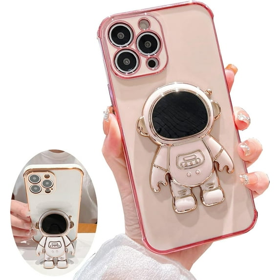for iPhone 11 Pro Max Case ,Pasteable Hidden Astronaut Kickstand Stand ,Upgrade Gold Trim Shockproof Corners Bracket Cover Cute for Women Men for iPhone 11 Pro Max Case (for iPhone11ProMax,pink)