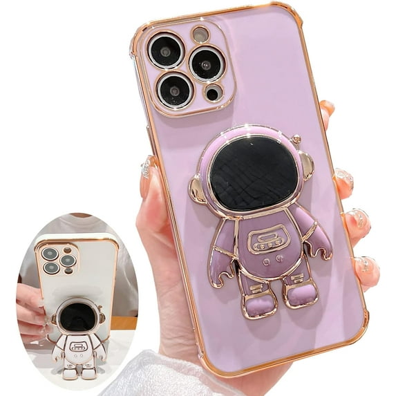 for iPhone 11 Pro Max Case ,Pasteable Hidden Astronaut Kickstand Stand ,Upgrade Gold Trim Shockproof Corners Bracket Cover Cute for Women Men for iPhone 11 Pro Max Case (for iPhone11ProMax,purple)