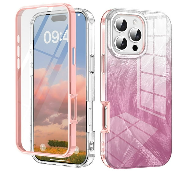 iPhone 11 Pro Max Case with Screen Protector, Gradient Color Feather Pattern Full Body Shockproof Protective Anti-Scratch Drop Proof Slim Fit Phone Case for Apple iPhone 11 Pro Max, Pink