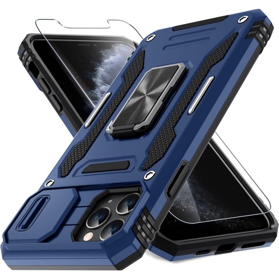 for iPhone 11 Pro Max Case with Slide Camera Cover+Screen Protector (1 Pack),Rotated Ring Kickstand Military Grade Shockproof Protective Cover 6.5 Inch-Navy Blue