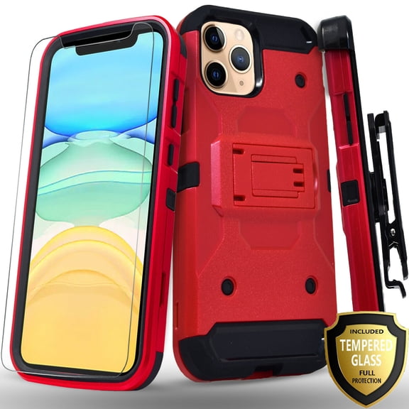 iPhone 11 Pro Max Case, With [Tempered Glass Screen Protector Included], STARSHOP Full Cover Heavy Duty Dual Layers Phone Cover with Kickstand and Locking Belt Clip-Red