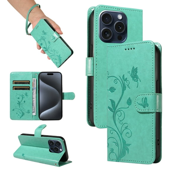 iPhone 11 Pro Max Case Wallet with Cards Holder,Allytech Stylish Butterfly Embossed Shockproof Protective Flip Stand Cover for Girls Women Hand Wrist Wallet Case for Apple iPhone 11 Pro Max - Green