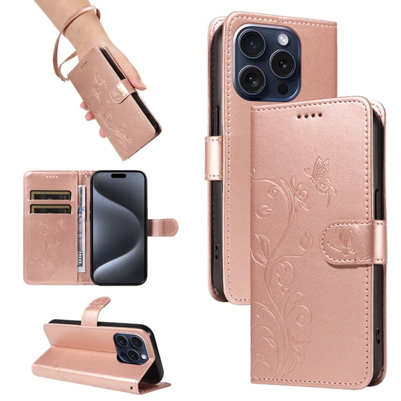 iPhone 11 Pro Max Case Wallet with Cards Holder,Allytech Stylish Butterfly Embossed Shockproof Protective Flip Stand Cover for Girls Women Hand Wrist Wallet Case for Apple iPhone 11 Pro Max- Rosegold