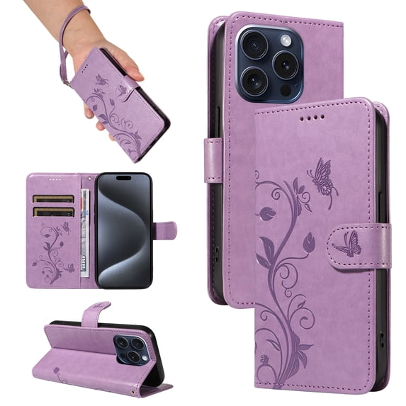 iPhone 11 Pro Max Case Wallet with Cards Holder,Allytech Stylish Butterfly Embossed Shockproof Protective Flip Stand Cover for Girls Women Hand Wrist Wallet Case for Apple iPhone 11 Pro Max - Purple