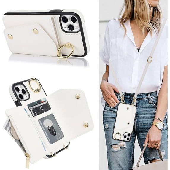 for iPhone 11 Pro Max Case Wallet with Strap for Women,Crossbody Lanyard and Wristlet Strap,Zipper Pocket,Credit Card Holder,Ring Stand,RFID Blocking Phone Wallet Cases(6.5 inch,White)