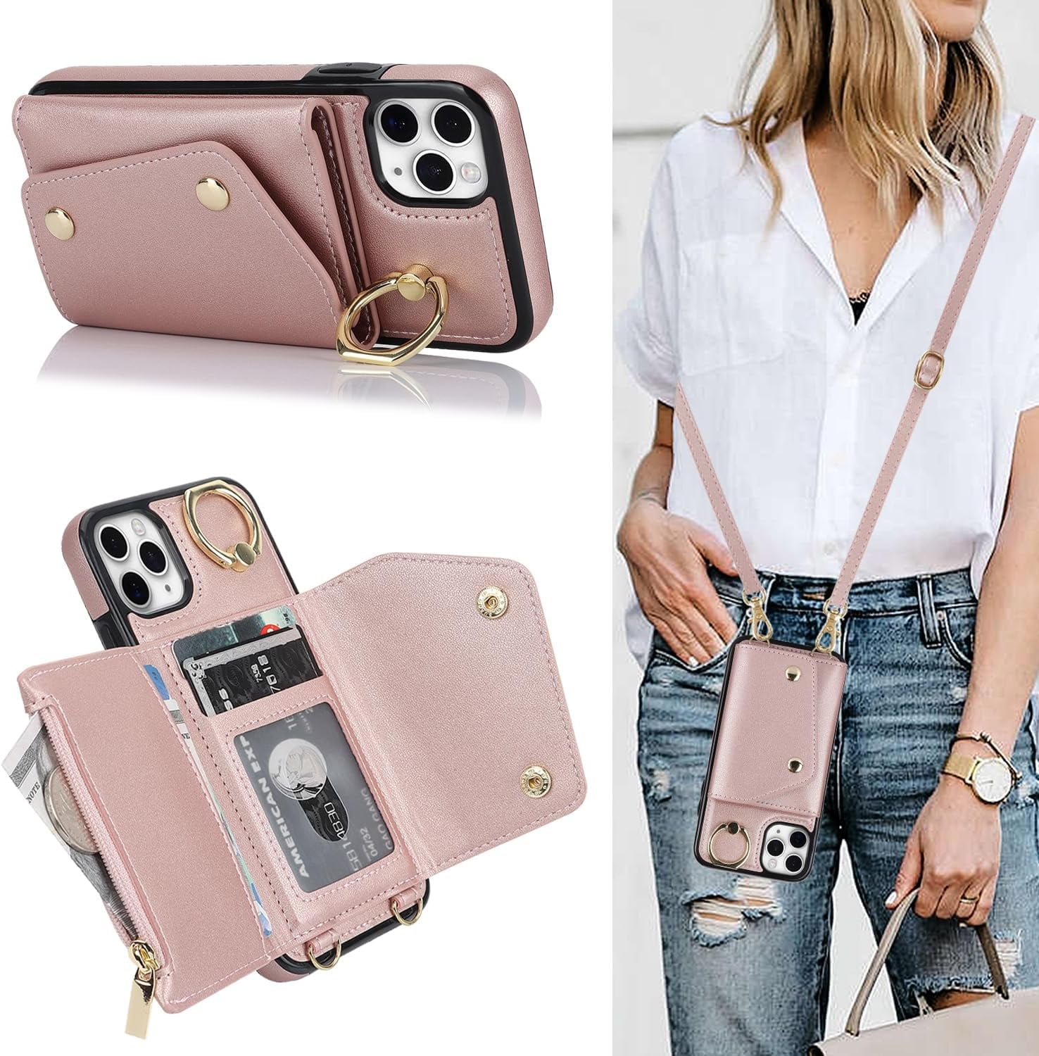 for iPhone 11 Pro Max Case Wallet with Strap for Women,Crossbody Lanyard  and Wristlet Strap,Zipper Pocket,Credit Card Holder,Ring Stand,RFID  Blocking Phone Wallet Cases(6.5 inch,Pink) 