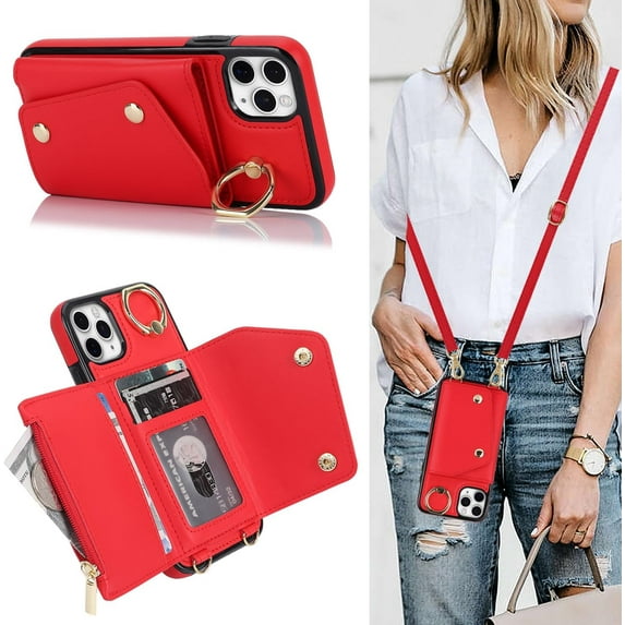 for iPhone 11 Pro Max Case Wallet with Strap for Women,Crossbody Lanyard and Wristlet Strap,Zipper Pocket,Credit Card Holder,Ring Stand,RFID Blocking Phone Wallet Cases(6.5 inch,Red)