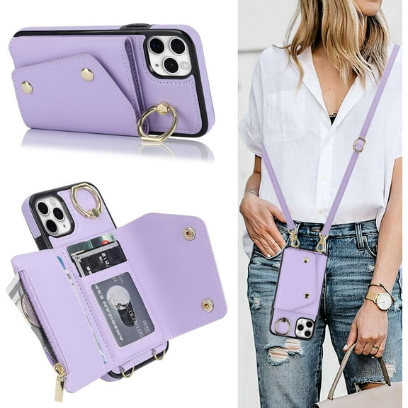 for iPhone 11 Pro Max Case Wallet with Strap for Women,Crossbody Lanyard and Wristlet Strap,Zipper Pocket,Credit Card Holder,Ring Stand,RFID Blocking Phone Wallet Cases(6.5 inch,Purple)