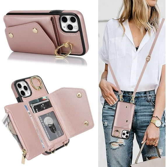 for iPhone 11 Pro Max Case Wallet with Strap for Women,Crossbody Lanyard and Wristlet Strap,Zipper Pocket,Credit Card Holder,Ring Stand,RFID Blocking Phone Wallet Cases(6.5 inch,Pink)