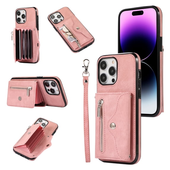 for iPhone 11 Pro Max Case with Zipper Card Holders and Crossbody Strap & Short Belt for Women, RFID Blocking PU Leather Button Flip Shockproof Wallet Case Cover for iPhone 11 Pro Max - Rosegold