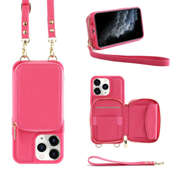 iPhone 11 Pro Max Crossbody Wallet Case, Zipper Card Phone Case with Wrist Strap, Handbag Purse Flip Cover with RFID Blocking Gift for Women Men Compatible with iPhone 11 Pro Max, Rose