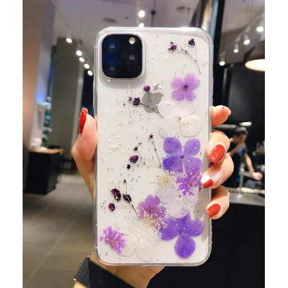 iPhone 11 Pro Max Floral Case Girls Women Sparkle Glitter Pressed Dry Real Flower Cover Flexible Soft Rubber Crystal Clear Case for iPhone 11 Pro Max (Hydrangea-Purple)