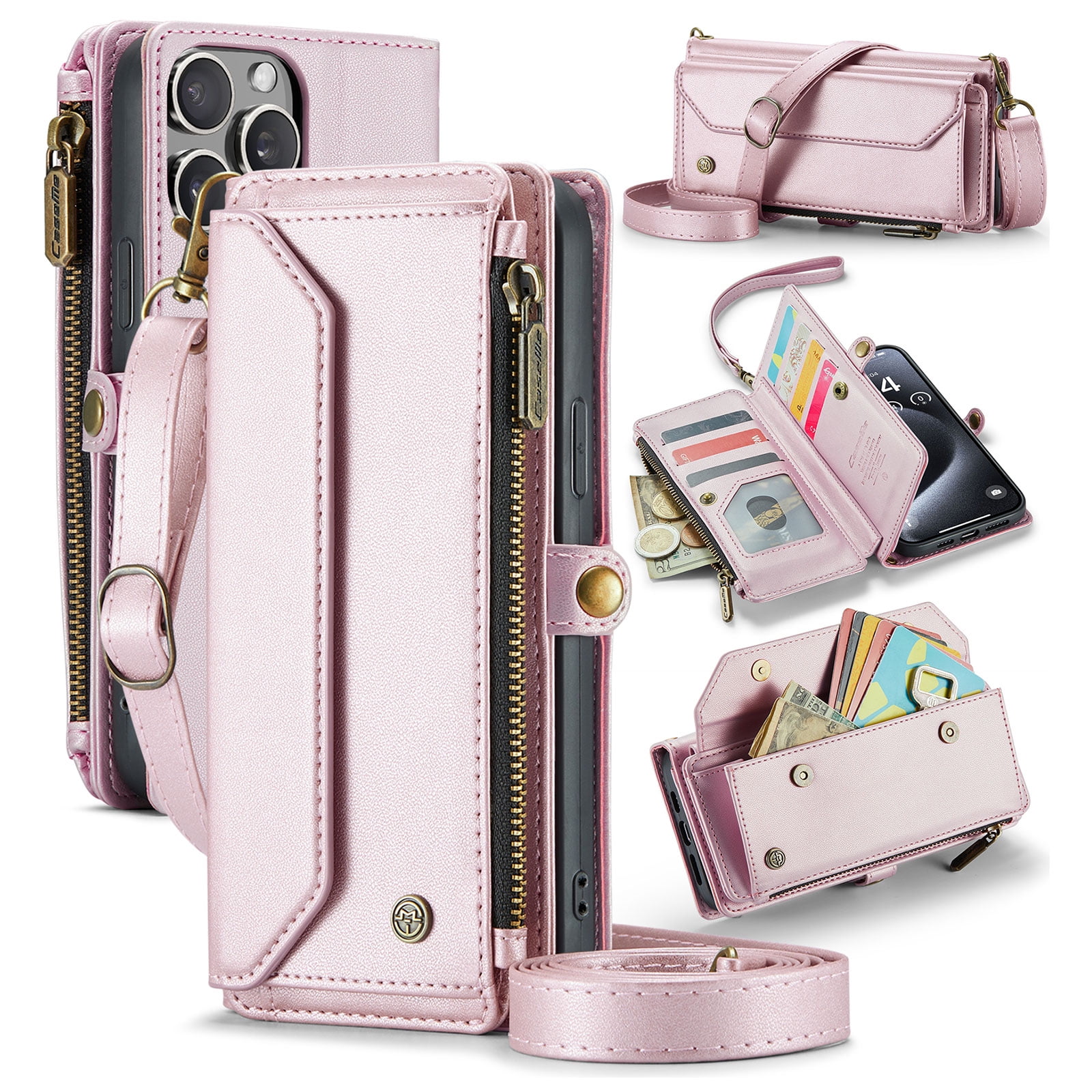 for iPhone 11 Pro Max Full Body Protection Wallet Folio Flip Case, Shoulder Strap & Wristlet Card Slots Zipper Pocket RFID Blocking Rugged Durable PU Leather Phone Case Cover, Pink