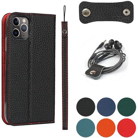 iPhone 11 Pro Max Genuine Cowhide Leather Wallet Case,Headset Winder,Flip Folio Magnetic Closure,Card Holder Slots,Kickstand,Cash Pockets Wrist Strap Case for iPhone 11 Pro Max,6.5",Black