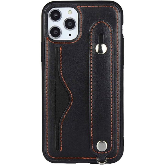 iPhone 11 Pro Max Genuine Leather Wallet Case Lanyard Necklace Strap with Kickstand Credit Card Holder Wrist Strap Protective Back Cover Case for Apple iPhone 11 Pro Max 6.5 inch 2019,Black