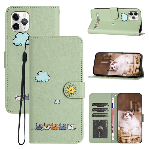for iPhone 11 Pro Max Lovely Cartoon Pattern Wallet Flip PU Leather Case, with Wrist Strap / Credit Card Slots / Photo Slot / Cash Pocket Kickstand Cute Phone Cover for iPhone 11 Pro Max, Green