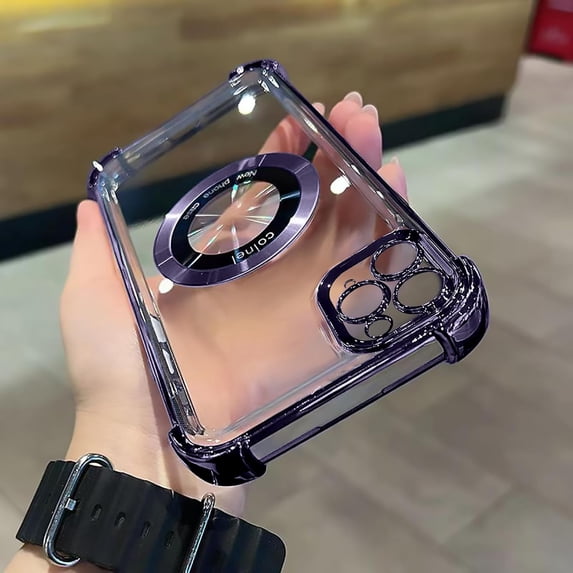 for iPhone 11 Pro Max Magnetic Transparent Case,Luxury Bling Four Corners Shockproof Military-Grade Protection with Camera Lens Protector MagSafe Clear Plating Cover for Women Men-Purple