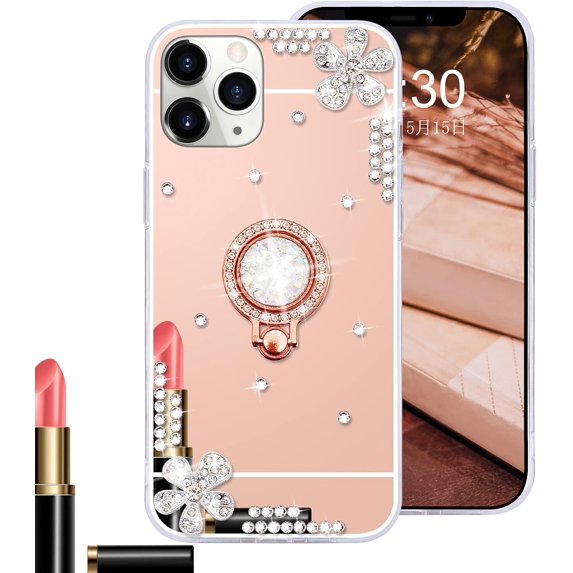 for iPhone 11 Pro Max Makeup Mirror Case for Women Girls Luxury Bling Glitter Cover with Shiny Crystal Diamond Ring Stand Holder Finger Grip Cute Girly Cases for iPhone 11 Pro Max Rose Gold