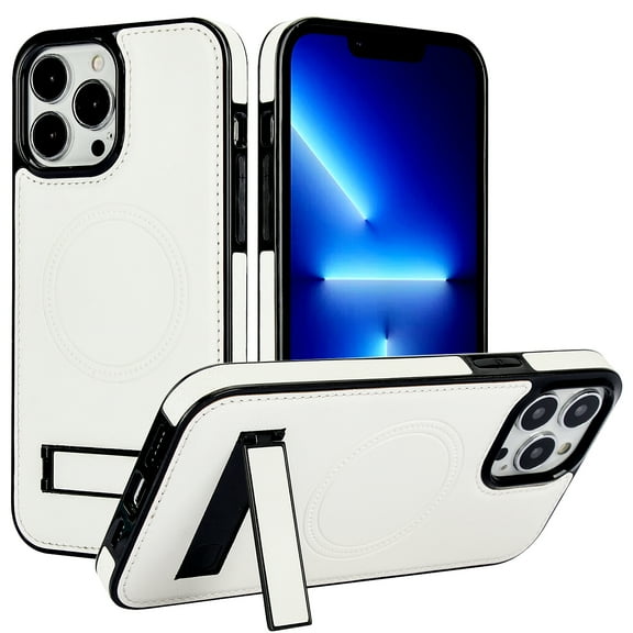 for iPhone 11 Pro Max PU Leather Back Case, Built-in Invisible Stand [Compatible with Magsafe] Protective Slim Kickstand Anti-fall Phone Cover Compatible with iPhone 11 Pro Max, White