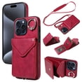 thumbnail image 1 of for iPhone 11 Pro Max PU Leather Back + TPU Frame Rugged Case, Classic 360 Rotating Ring Kickstand Card Slots Shoulder Strap Drop Protective Slim Fit Shockproof Phone Case Cover, Red, 1 of 12