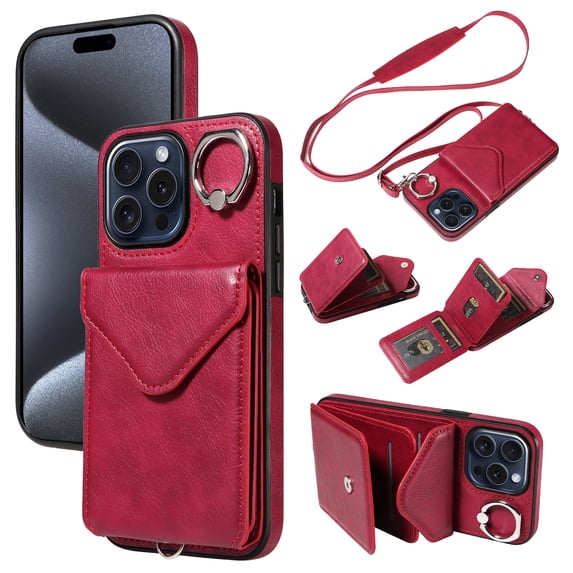 for iPhone 11 Pro Max PU Leather Back + TPU Frame Rugged Case, Classic 360 Rotating Ring Kickstand Card Slots Shoulder Strap Drop Protective Slim Fit Shockproof Phone Case Cover, Red