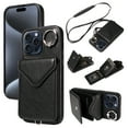 thumbnail image 1 of for iPhone 11 Pro Max PU Leather Back + TPU Frame Rugged Case, Classic 360 Rotating Ring Kickstand Card Slots Shoulder Strap Drop Protective Slim Fit Shockproof Phone Case Cover, Black, 1 of 12