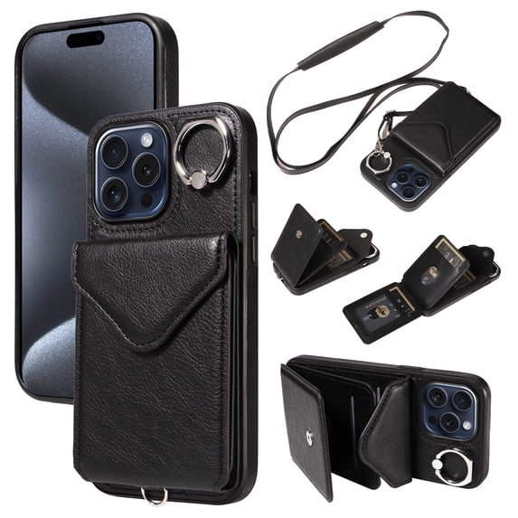 for iPhone 11 Pro Max PU Leather Back + TPU Frame Rugged Case, Classic 360 Rotating Ring Kickstand Card Slots Shoulder Strap Drop Protective Slim Fit Shockproof Phone Case Cover, Black