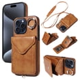 thumbnail image 1 of for iPhone 11 Pro Max PU Leather Back + TPU Frame Rugged Case, Classic 360 Rotating Ring Kickstand Card Slots Shoulder Strap Drop Protective Slim Fit Shockproof Phone Case Cover, Brown, 1 of 12