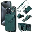 thumbnail image 1 of for iPhone 11 Pro Max PU Leather Back + TPU Frame Rugged Case, Classic 360 Rotating Ring Kickstand Card Slots Shoulder Strap Drop Protective Slim Fit Shockproof Phone Case Cover, Green, 1 of 12