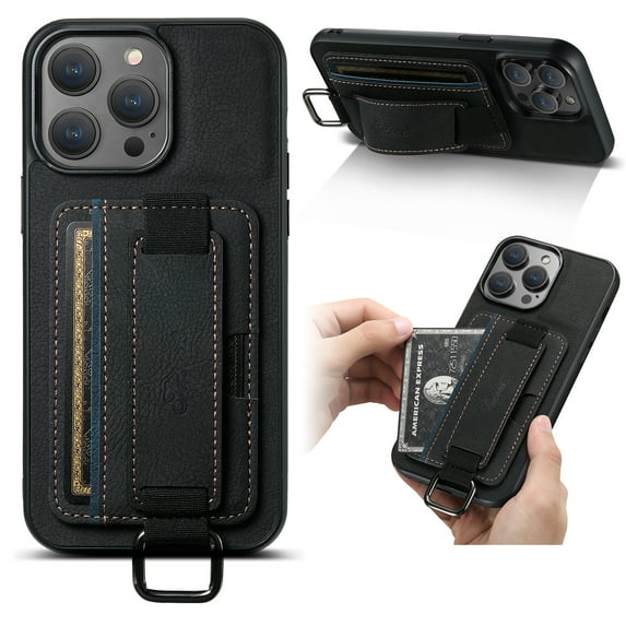 for iPhone 11 Pro Max PU Leather Card Slots Back Case, Classic Wristband Kickstand Finger Ring Shockproof Protective TPU Frame Phone Case for iPhone 11 Pro Max Women Men Boys Girls, Black