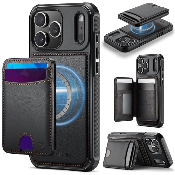 For iPhone 11 Pro Max Phone Case,Compatible WIth Mag-Safe,2-in-1 Magnetic Removable Card Holder,Kickstand,Anti-Scratch PU Leather Back Shockproof Anti-fall Durable Non-slip Phone Case,Black