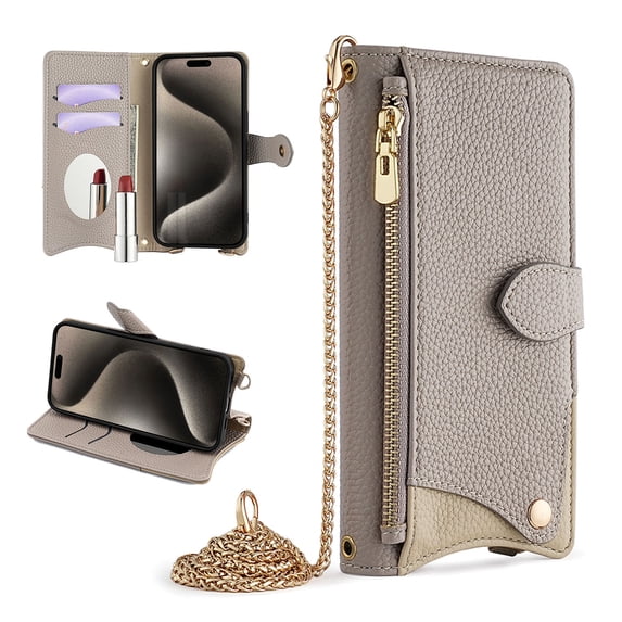 for iPhone 11 Pro Max Phone Case Wallet,Crossbody Case with Strap/Chain for Women, PU Leather Kickstand, Zipper Pocket Card Holder,Magnetic Clasp Handbag Mirror Shockproof Case,Gray