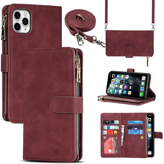 iPhone 11 Pro Max Phone Case Wallet for Women Men with Credit Card Holder, iPhone 11 Pro Max Crossbody Case with Strap Shoulder Lanyard, Zipper Pocket PU Leather Cases,6.7 Inch Burgundy