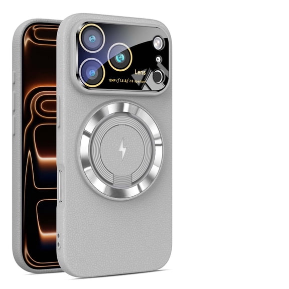 For iPhone 11 Pro Max Phone Case,With Contractile Ring Kickstand,Compatible with Mag-Safe,Built-in Lens Protector,Anti-Scratch PU Leather Back,Shockrpoof Slim Anti-fall Drop Phone Case,Gray