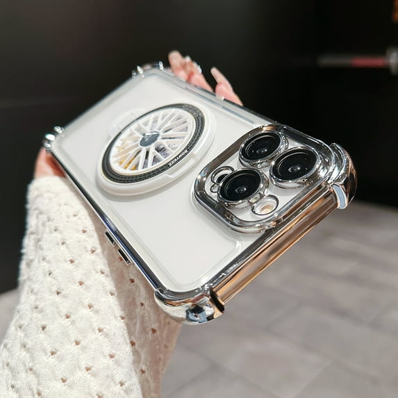 for iPhone 11 Pro Max Plating Case with Rotating Gyroscope Magnetic Ring Stand Full Camera Lens Protection Compatible with MagSafe Clear Back Phone Cover for iPhone 11 Pro Max, White