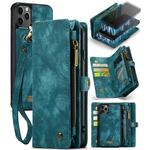 for iPhone 11 Pro Max Premium PU Leather Folding Case, Multiple Card Slots Design, Wrist Strap Zipper Pocket Kickstand Magnetic Snap, Wireless Charging for iPhone 11 Pro Max, Green