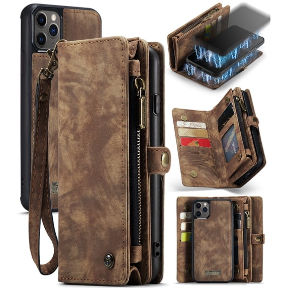 for iPhone 11 Pro Max Premium PU Leather Folding Case, Multiple Card Slots Design, Wrist Strap Zipper Pocket Kickstand Magnetic Snap, Wireless Charging for iPhone 11 Pro Max, Darkbrown