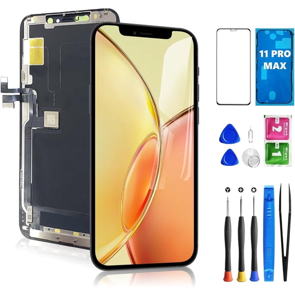 for iPhone 11 Pro Max Screen Replacement, 6.5 Inch LCD Display 3D Touch Full HD Digitizer Frame Assembly, Compatible with A2161, A2220, A2218 Models, Repair Kit + Screen Tempered Protector, Black