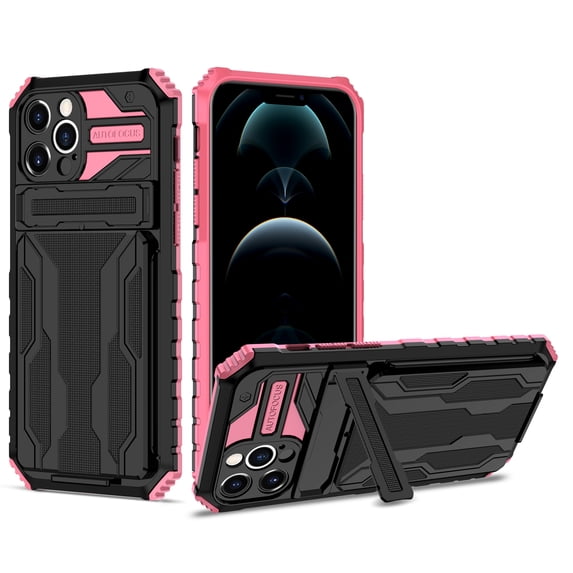 for iPhone 11 Pro Max Sliding Card Slot Back Case with Hidden Kickstand, Hybrid TPU + PC Fall Prevention Shock Absorption Anti-drop Protective Phone Case Cover for iPhone 11 Pro Max, Pink