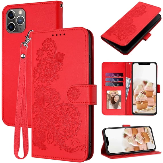 for iPhone 11 Pro Max Wallet Case,11 Pro Max Phone Case Card Holder Floral Leather Kickstand Flip Cases,Wrist Strap, Closure,Shockproof Protective Cute Cover iPhone 11 Pro Max (Red)