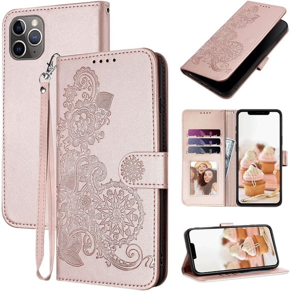 for iPhone 11 Pro Max Wallet Case,11 Pro Max Phone Case Card Holder Floral Leather Kickstand Flip Cases,Wrist Strap, Closure,Shockproof Protective Cute Cover (Rose Gold)