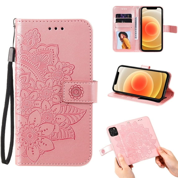 iPhone 11 Pro Max Wallet Case 6.5 inch 2019, Allytech Embossed FlowerPU Leather with TPU Back Shockproof Kickstand Card Slots Magnetic Clasp Detachable Hand Strap for iPhone 11 Pro Max 6.5", Rosegold
