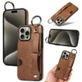 thumbnail image 1 of for iPhone 11 Pro Max Wallet Case with Card Holder, Hand Wrist Strap Loop Holder Kickstand, Finger Grip Ring Buckle PU Leather Double Buttons Shockproof Cover for iPhone 11 Pro Max, Brown, 1 of 10
