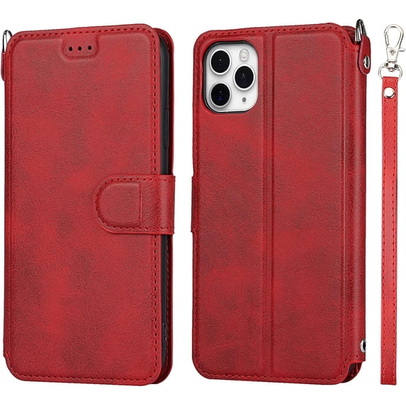for iPhone 11 Pro Max Wallet Case with Card Holder Slots,Kickstand Phone Cover Premium Leather Magnetic Closure Slim Flip Shockproof Wrist Strap Case for iPhone 11 Pro Max 6.5",Wine Red