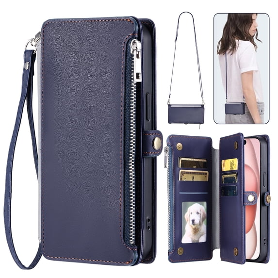 For iPhone 11 Pro Max Wallet Case – Crossbody Strap+Hand Lanyard & Zipper Pocket Credit Card Slots,Drop Tested PU Leather Magnetic Folio Cover with RFID Blocking Card Holder Phone Case,Darkblue
