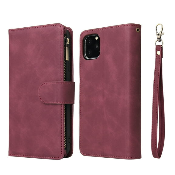 iPhone 11 Pro Max Wallet Case, Dteck Soft Leather Zipper Wallet Case Magnetic Buckle Horizontal Flip Cover with 5 Card Slots/Photo Pocks For Apple iPhone 11 Pro Max 6.5 inch 2019, Winered