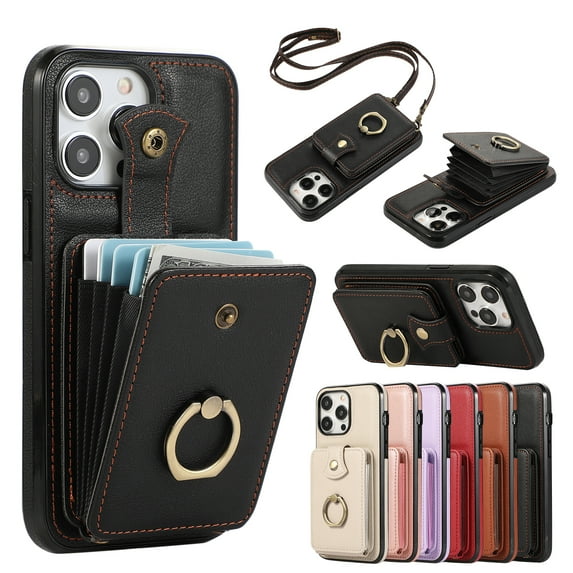 For iPhone 11 Pro Max Wallet Case, Multiple Cards Holder Crossbody Shoulder Strap Ring Holder Kickstand Premium PU Leather Shockproof Lightweight Phone Case for Apple iPhone 11 Pro Max, Black